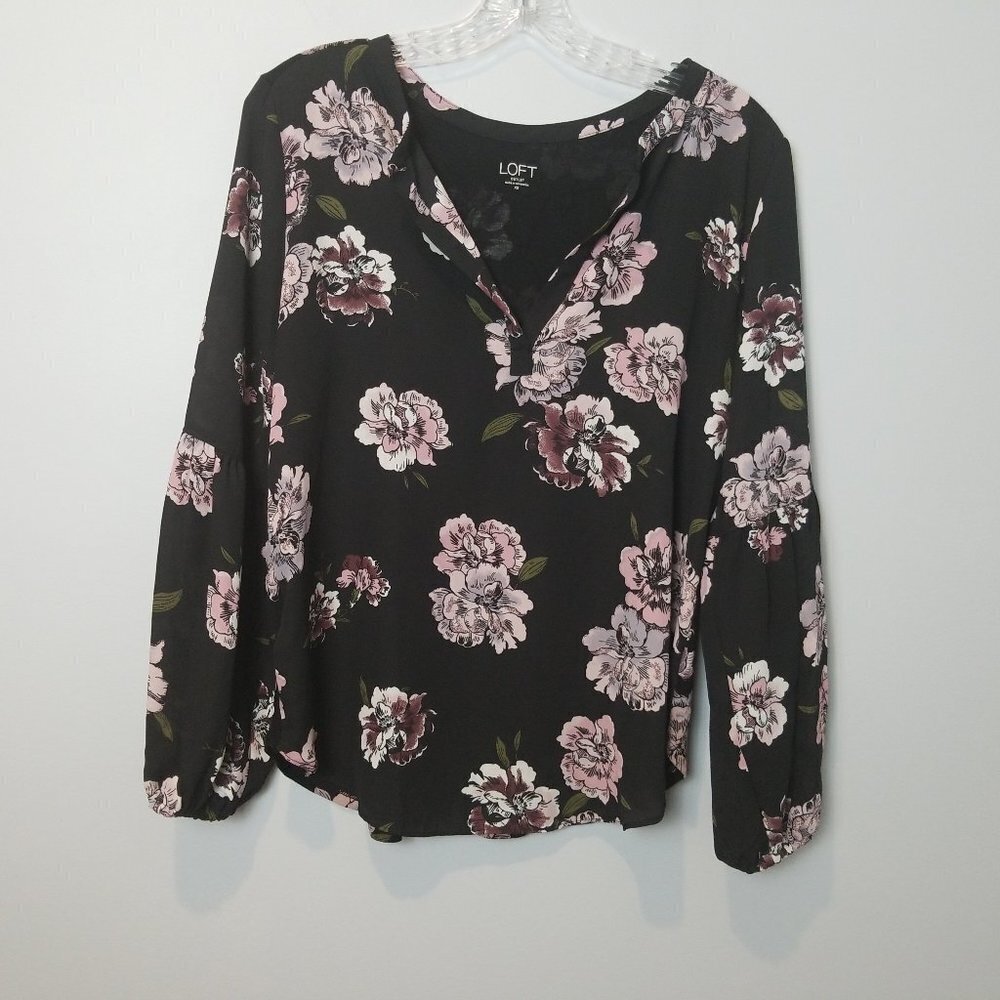 LOFT black & Pink floral dressy blouse size XS balloon sleeve